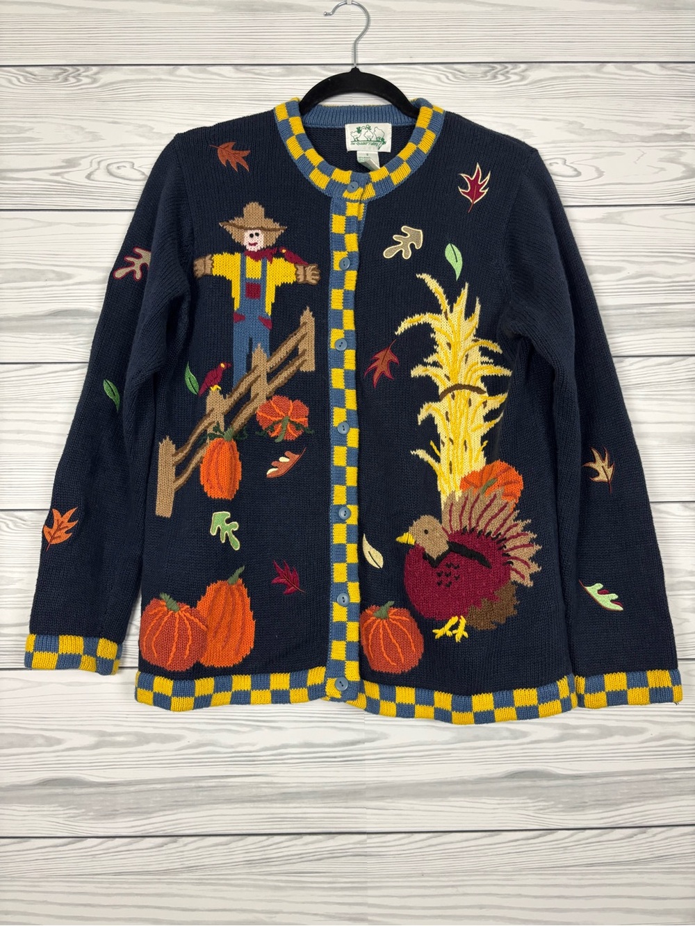 The Quacker Factory navy blue Halloween fall cardigan size small pumpkins
